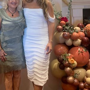 Bardot ruched midi dress. Size 8 NWT never worn. I’m wearing size 10 in pic